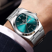 UTHAI Men's Stainless Steel Quartz Watch – Double Calendar, Waterproof, Light Luxury Business Style