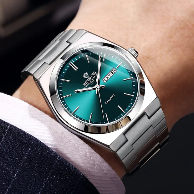UTHAI Men's Stainless Steel Quartz Watch – Double Calendar, Waterproof, Light Luxury Business Style