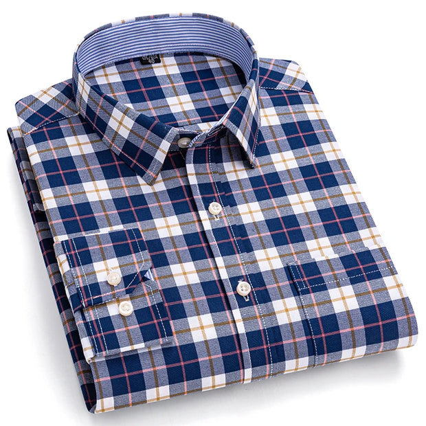 New Men Social Shirt Long Sleeve 100%Pure Cotton Oxford Soft Formal Male Clothes Oversized Pocket Shirt Men clothing S-7XL
