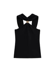 TRZA Women's Knit Halterneck Tank – Gold Appliqué Camisole with Wide Straps