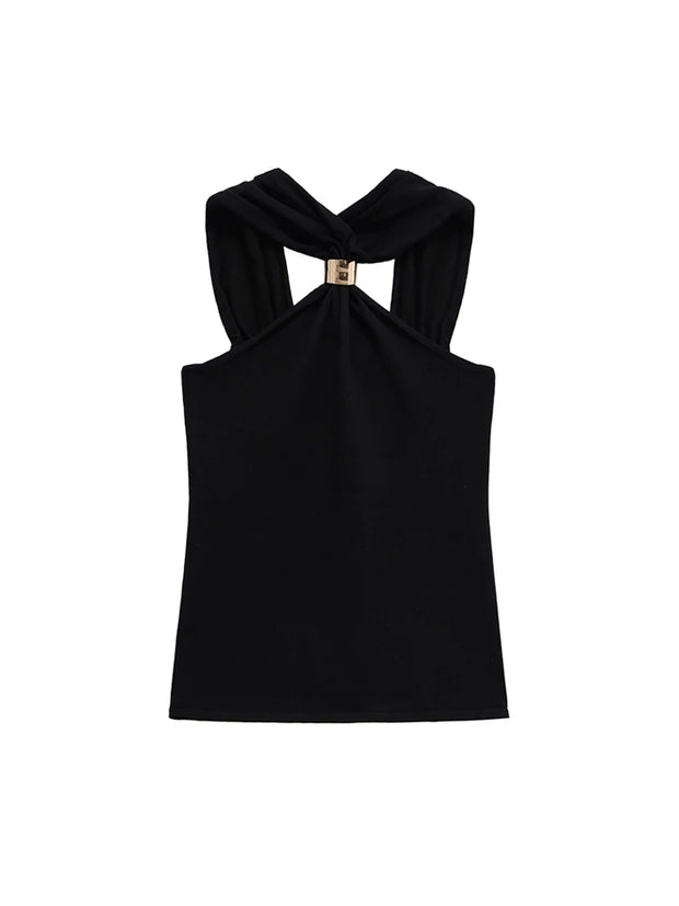 TRZA Women's Knit Halterneck Tank – Gold Appliqué Camisole with Wide Straps