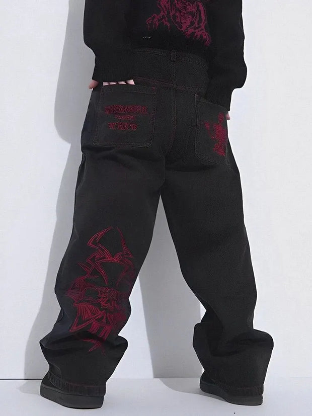 Men's 2024 New Cotton Fashion Fully Embroidered Skull Loose Straight Casual Jeans Pants High Street Hip-Hop Y2K Vintage Pants