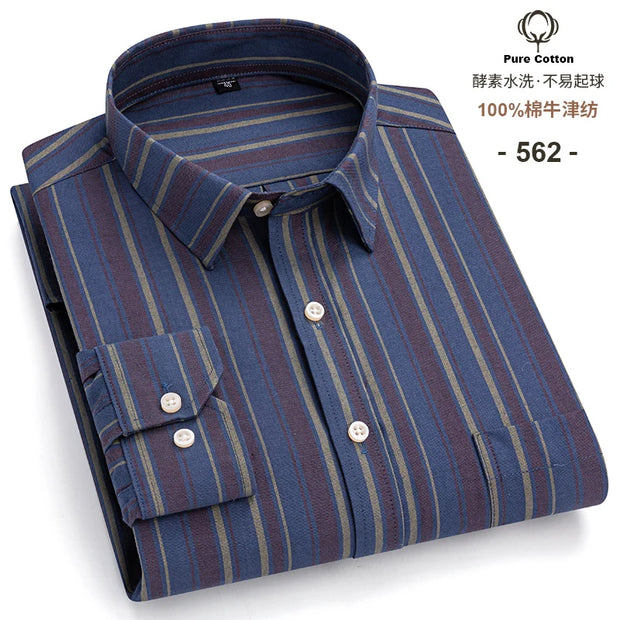New Men Social Shirt Long Sleeve 100%Pure Cotton Oxford Soft Formal Male Clothes Oversized Pocket Shirt Men clothing S-7XL