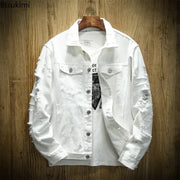 New 2025 Men's Fashion Jeans Jacket Solid Spring Autumn Cotton Denim Jacket Men Red White Black Pink Ripped Hole Jean Coats Male