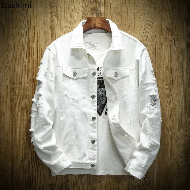 New 2025 Men's Fashion Jeans Jacket Solid Spring Autumn Cotton Denim Jacket Men Red White Black Pink Ripped Hole Jean Coats Male