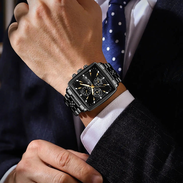POEDAGAR Men's Square Chronograph Watch – Waterproof, Luminous, Stainless Steel Quartz Timepiece