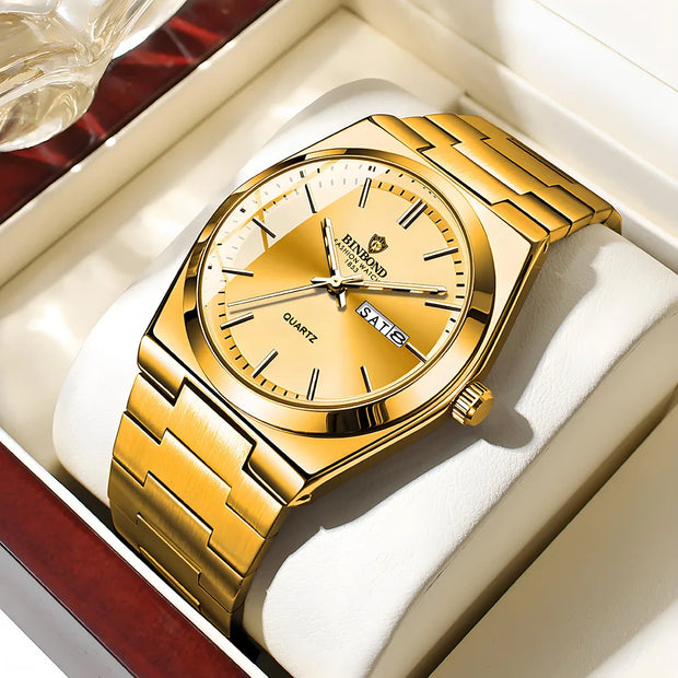 UTHAI Men's Stainless Steel Quartz Watch – Double Calendar, Waterproof, Light Luxury Business Style