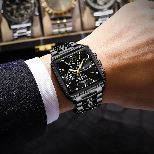 POEDAGAR Men's Square Chronograph Watch – Waterproof, Luminous, Stainless Steel Quartz Timepiece