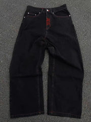 Men's 2024 New Cotton Fashion Fully Embroidered Skull Loose Straight Casual Jeans Pants High Street Hip-Hop Y2K Vintage Pants