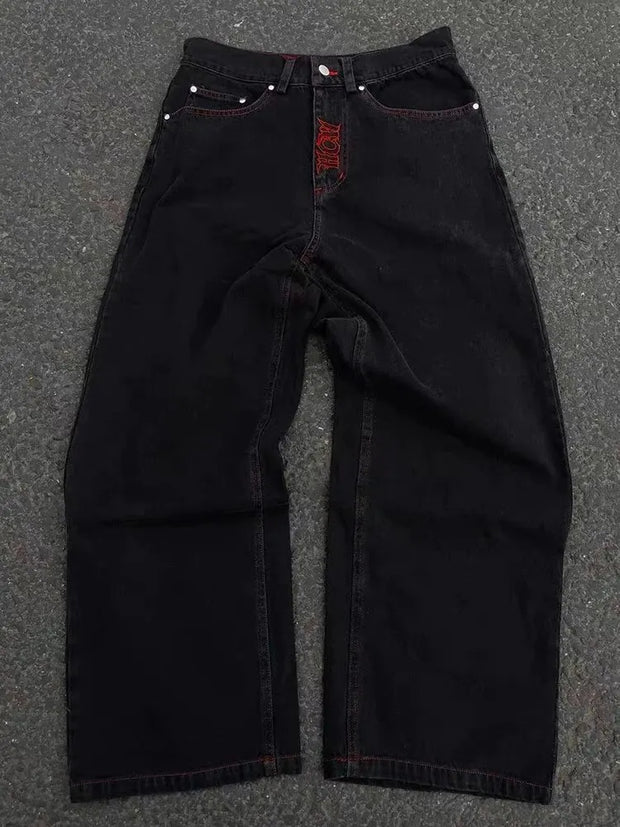 Men's 2024 New Cotton Fashion Fully Embroidered Skull Loose Straight Casual Jeans Pants High Street Hip-Hop Y2K Vintage Pants