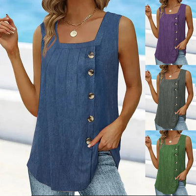 Women's Summer Sleeveless Pleated Tank – Square Neck & Swallowtail Hem
