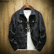 New 2025 Men's Fashion Jeans Jacket Solid Spring Autumn Cotton Denim Jacket Men Red White Black Pink Ripped Hole Jean Coats Male