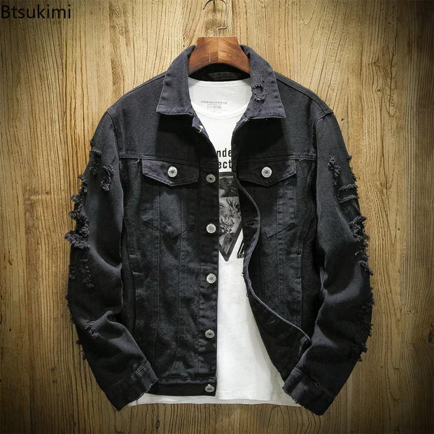 New 2025 Men's Fashion Jeans Jacket Solid Spring Autumn Cotton Denim Jacket Men Red White Black Pink Ripped Hole Jean Coats Male