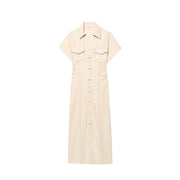 ETJ 2025 summer new TRAF women's elegant fashion waist pleated V-neck short-sleeved temperament denim MIDI dress
