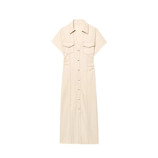 ETJ 2025 summer new TRAF women's elegant fashion waist pleated V-neck short-sleeved temperament denim MIDI dress