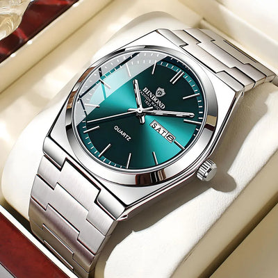 UTHAI Men's Stainless Steel Quartz Watch – Double Calendar, Waterproof, Light Luxury Business Style