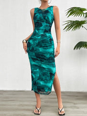 Women's 2024 Spring Summer New Fashionable Printed Round Neck Style Slimming Sleeveless Tight Dress With Split Bottom