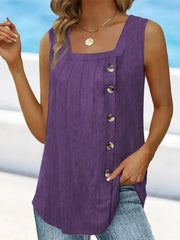 Women's Summer Sleeveless Pleated Tank – Square Neck & Swallowtail Hem