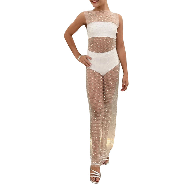 Women s Sheer Mesh Dress Sleeveless Round Neck Pearl Long Dress Bikini Cover Up Dress