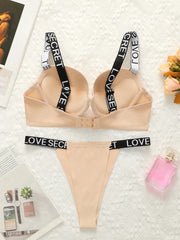 Women's Glossy Letter Lingerie Set – Push-Up Bra & Briefs, Sexy Two-Piece
