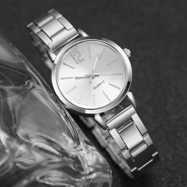 Women’s Elegant Steel Strap Quartz Watch & Love Bracelet Set