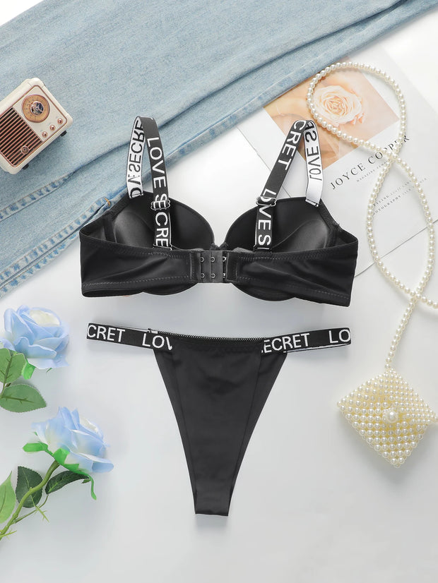 Women's Glossy Letter Lingerie Set – Push-Up Bra & Briefs, Sexy Two-Piece