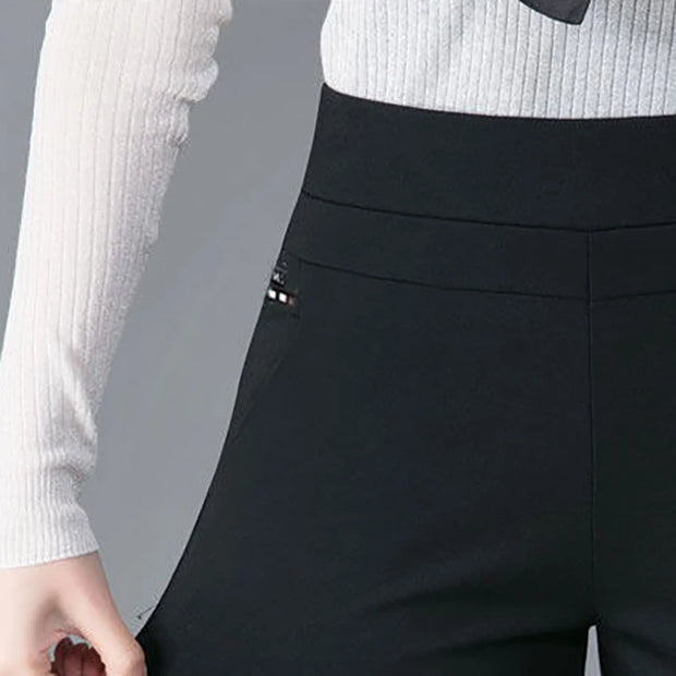 Casual Elegant Long Thin Pants Elastic Waist Black OL Trend Pencil Pants Summer Simple Women New In Clothes Skinny Solid Strip