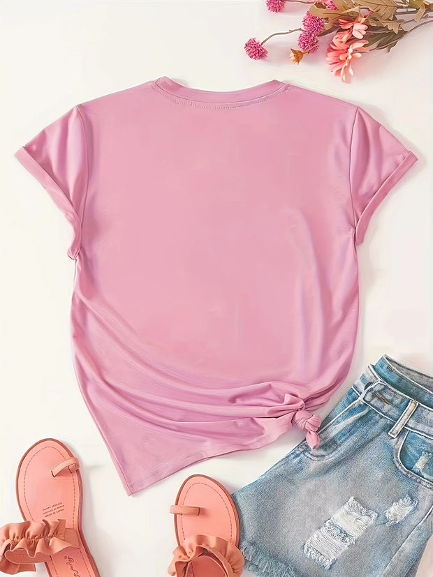 Stylish Women's Short Sleeve Casual  Round Neck Summer Sporty Style Versatile Top with Print Soft Fabric Breathable Moisture