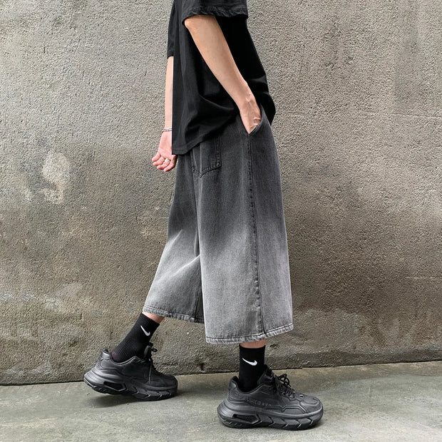 Korean Fashion Men Gradient Denim Shorts Wide Leg  Jorts Jeans Man Summer Streetwear Oversize Casual Baggy Jeans Shorts