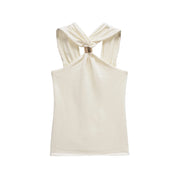 TRZA Women's Knit Halterneck Tank – Gold Appliqué Camisole with Wide Straps