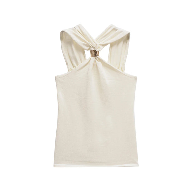 TRZA Women's Knit Halterneck Tank – Gold Appliqué Camisole with Wide Straps