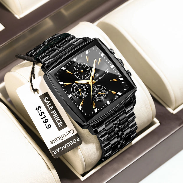 POEDAGAR Men's Square Chronograph Watch – Waterproof, Luminous, Stainless Steel Quartz Timepiece