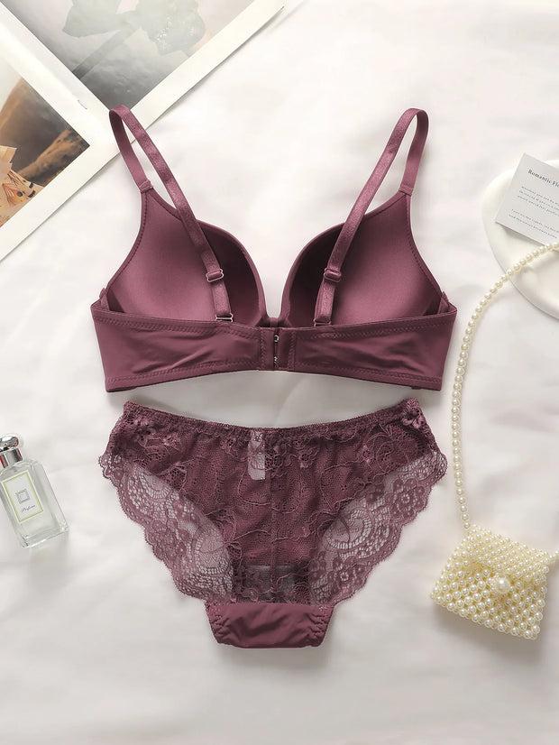 Women's Lace Butterfly Lingerie Set – Wireless Two-Piece, Solid Color