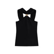 TRZA Women's Knit Halterneck Tank – Gold Appliqué Camisole with Wide Straps