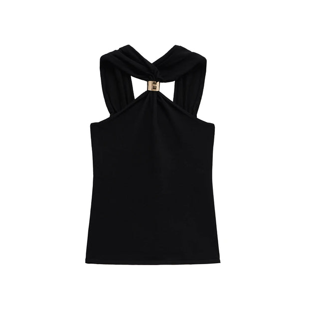 TRZA Women's Knit Halterneck Tank – Gold Appliqué Camisole with Wide Straps