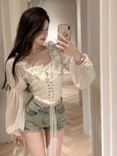 Women's Chiffon Crop Blouse – Y2K Tunic Style, Elegant Streetwear 2025