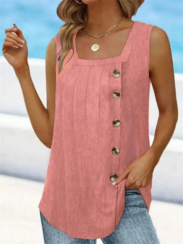Women's Summer Sleeveless Pleated Tank – Square Neck & Swallowtail Hem