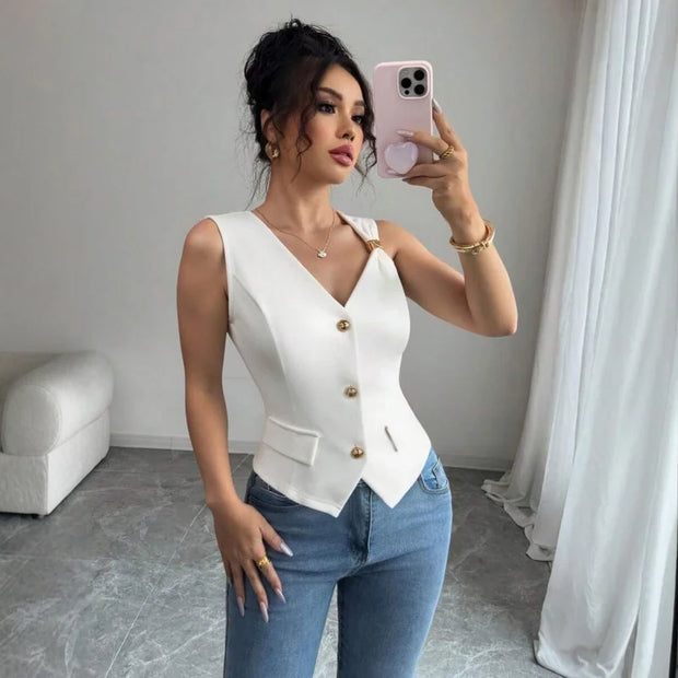Women's Elegant White Knitted Sleeveless Vest – Slim Fit with Gold Button Detail