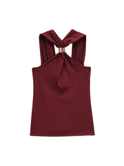 TRZA Women's Knit Halterneck Tank – Gold Appliqué Camisole with Wide Straps