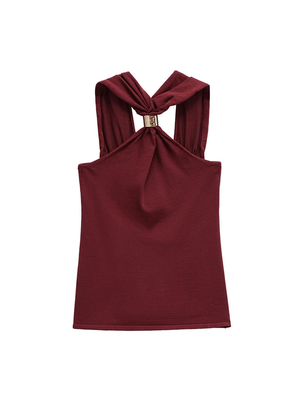 TRZA Women's Knit Halterneck Tank – Gold Appliqué Camisole with Wide Straps