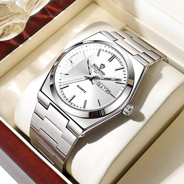UTHAI Men's Stainless Steel Quartz Watch – Double Calendar, Waterproof, Light Luxury Business Style